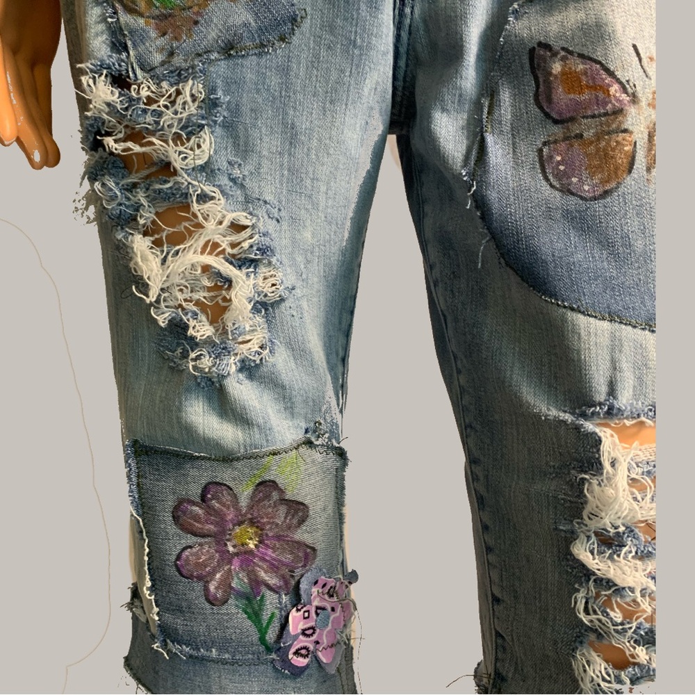 Homemade Patched Up Upcycled Blue Denim Cutoff Shorts - Picture 5 of 13